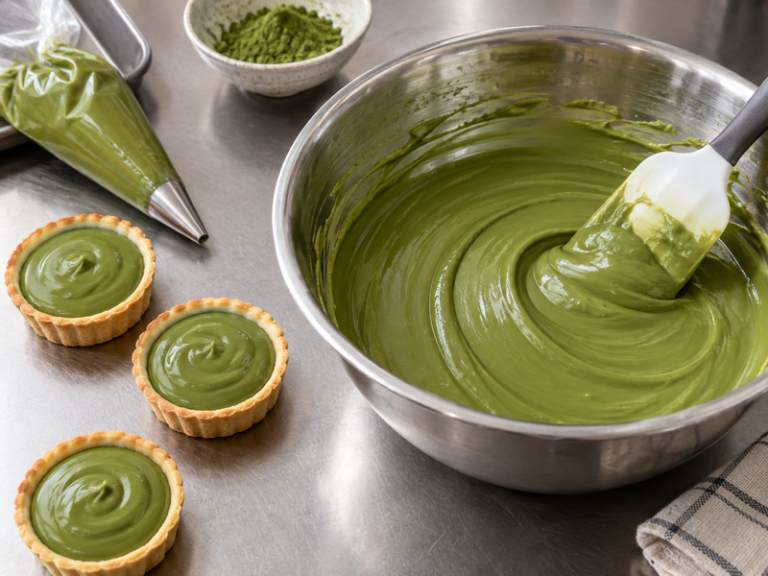 Smooth matcha ganache ready for pastry filling