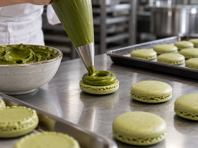 Smooth matcha ganache piped in a ring on a macaron shell beside a small tasting bowl