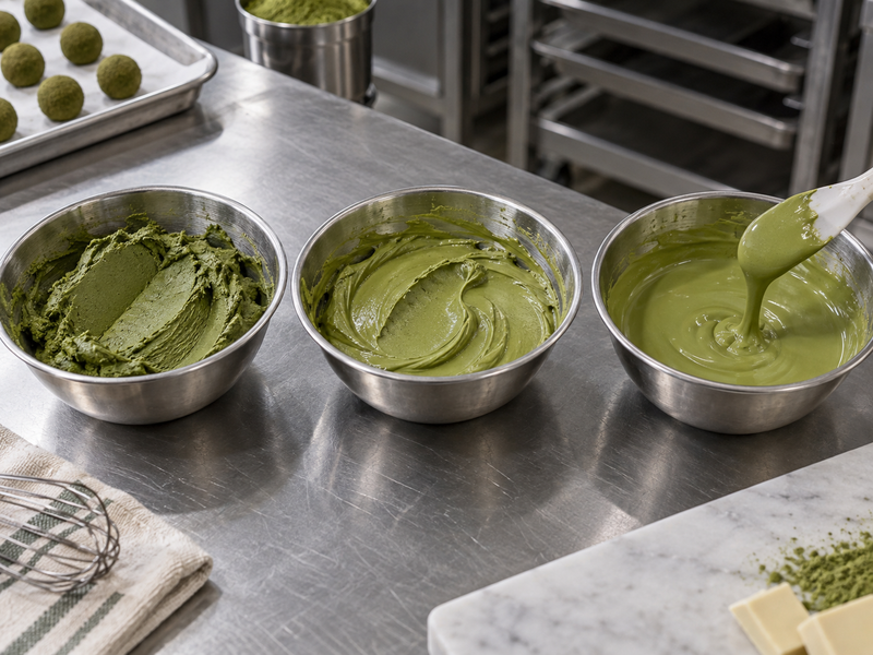 Three small bowls of green ganache with different spoon textures for comparison