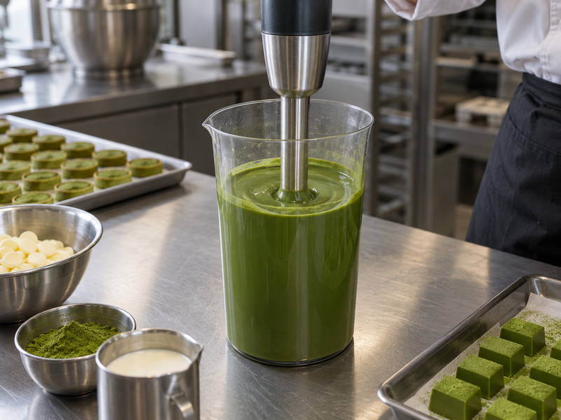 An immersion blender head remains submerged in smooth green ganache in a tall vessel