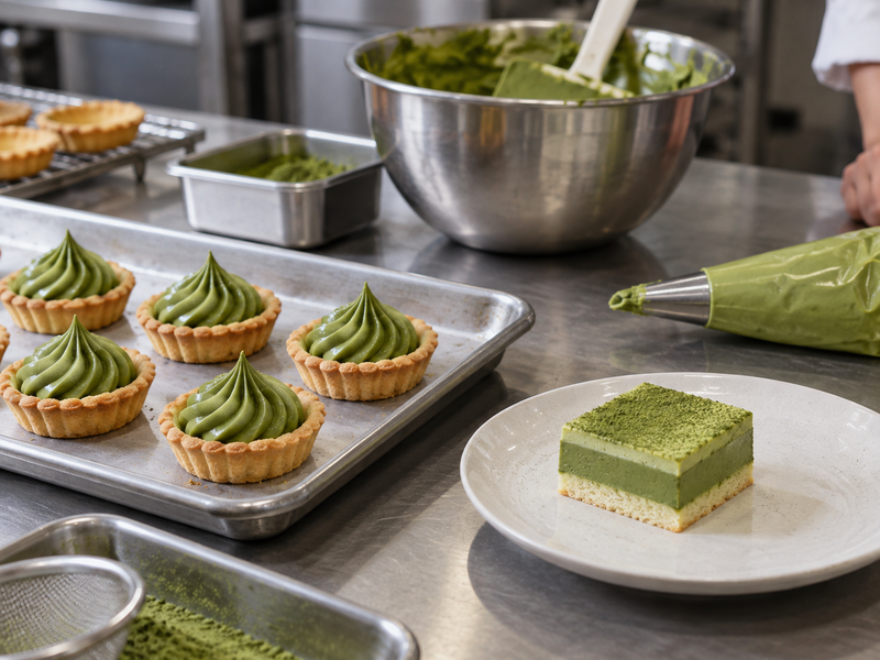 Measured green ganache deposits on pastry shells beside a thin spread layer on a cake sample