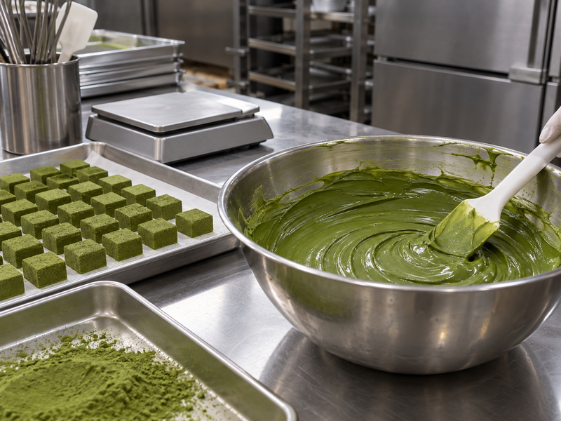 A production bowl of green ganache beside several small filled trays and a weighing station