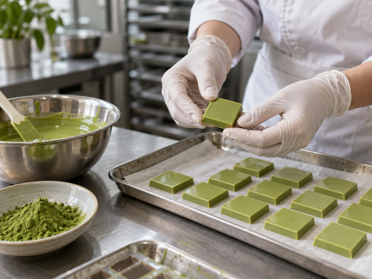 Gloved hands checking a molded matcha chocolate square