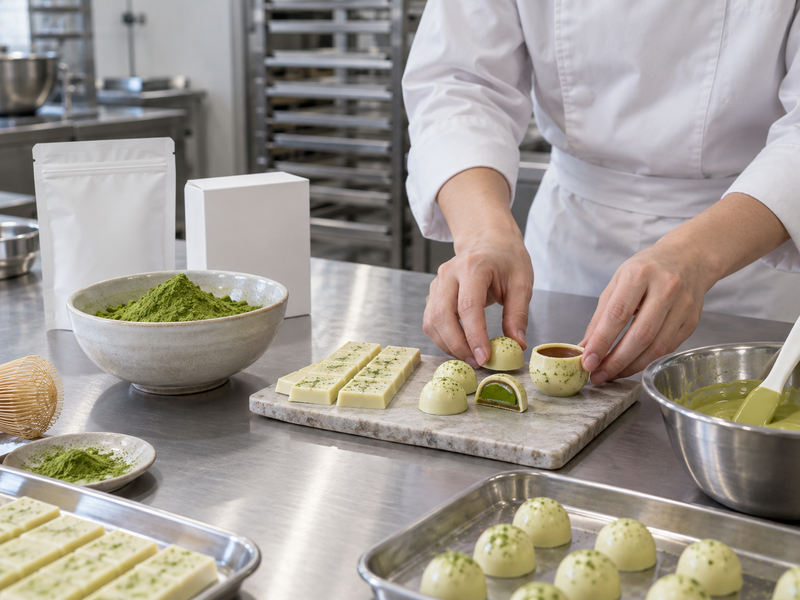Matcha powder for chocolate manufacturers beside bars, shells and fillings