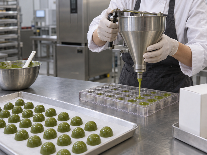 Pilot molding trial checking the flow of matcha chocolate