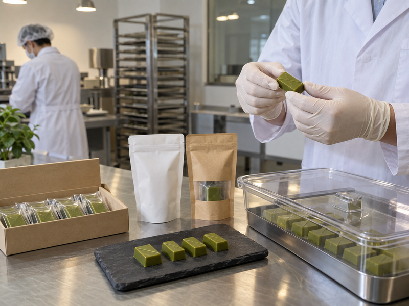 Matcha chocolate packaging samples prepared for storage and display review