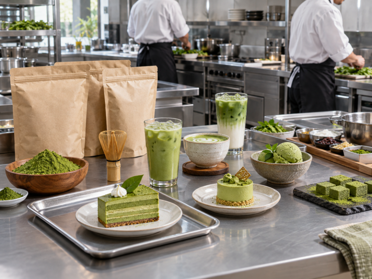 matcha wholesale for restaurants: Wide professional Chinese restaurant development kitchen with matcha dessert samples, green drinks and plain ingredient bags
