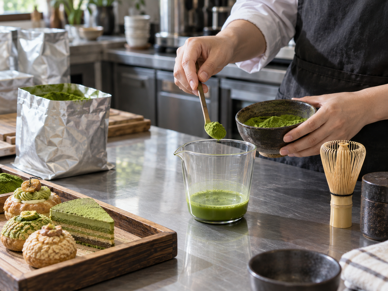 matcha wholesale for restaurants: adult hands measuring matcha beside pastry development samples