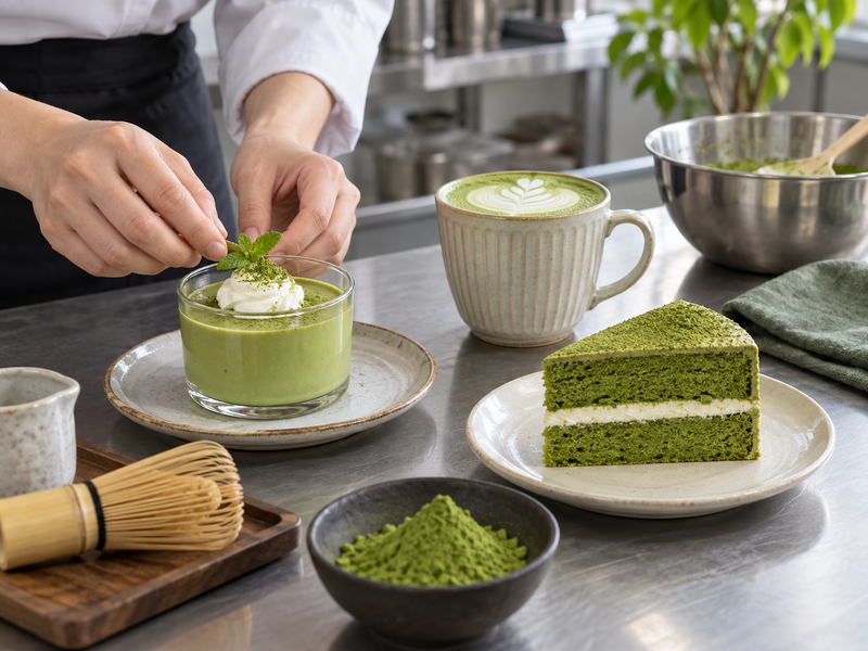 matcha wholesale for restaurants: pudding, latte and sponge samples at a menu development counter