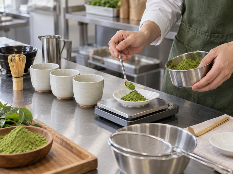 matcha wholesale for restaurants: powder weighing with service cups and stainless preparation tools