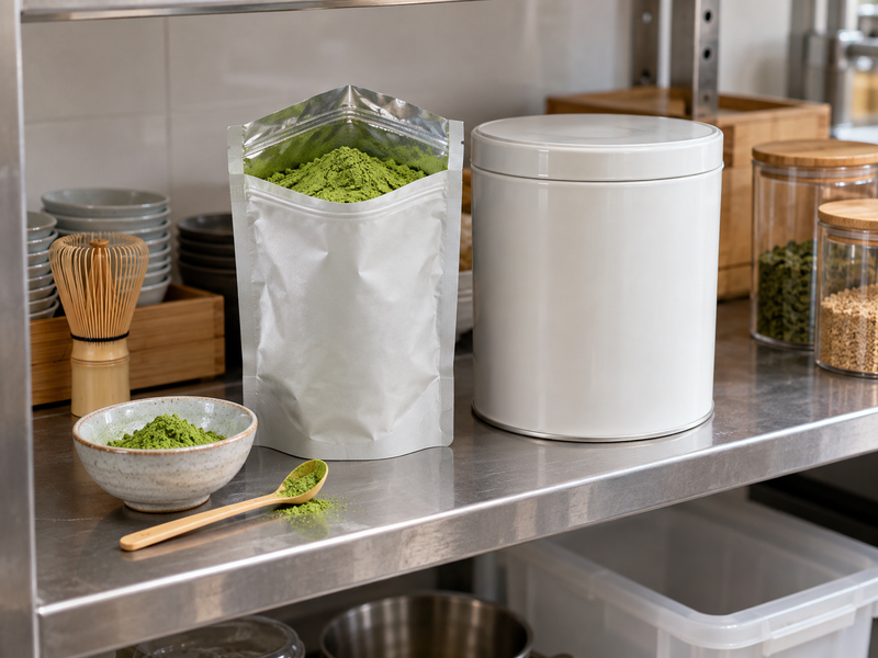 matcha wholesale for restaurants: plain pouch and closed daily-service container on a dry shelf