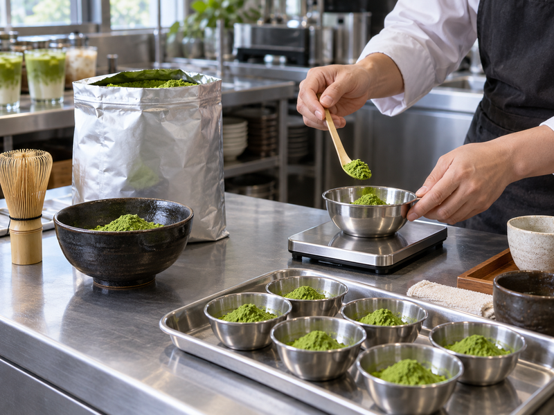 matcha wholesale for restaurants: adult hands portioning matcha at a professional preparation bench