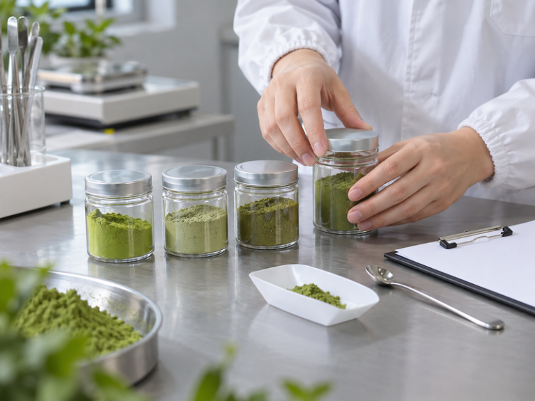 OEM matcha supplier development brief with distinct powder prototypes