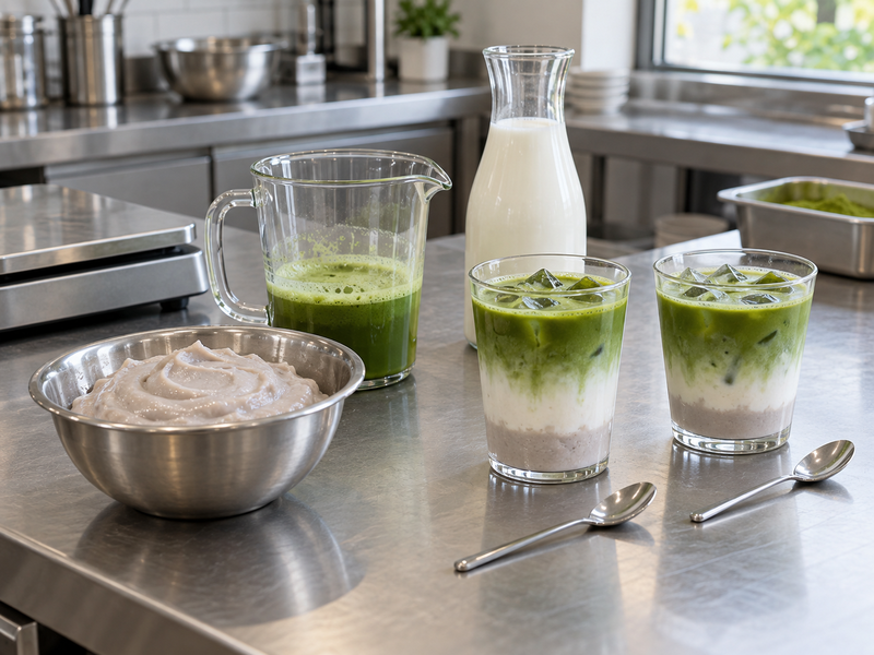 Taro matcha latte samples beside cooked taro puree, milk and whisked tea