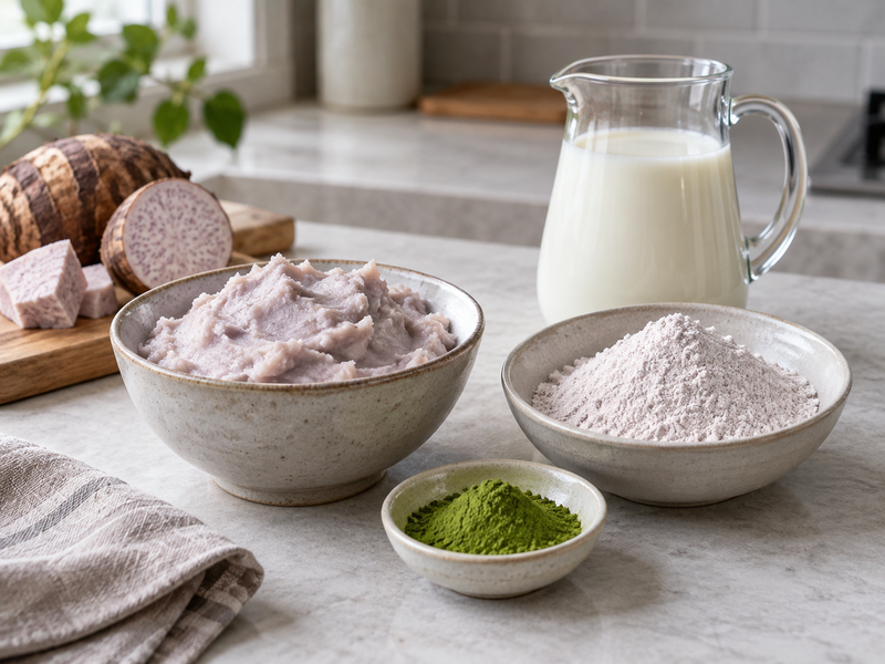 Cooked taro puree and a dry drink blend beside matcha and milk