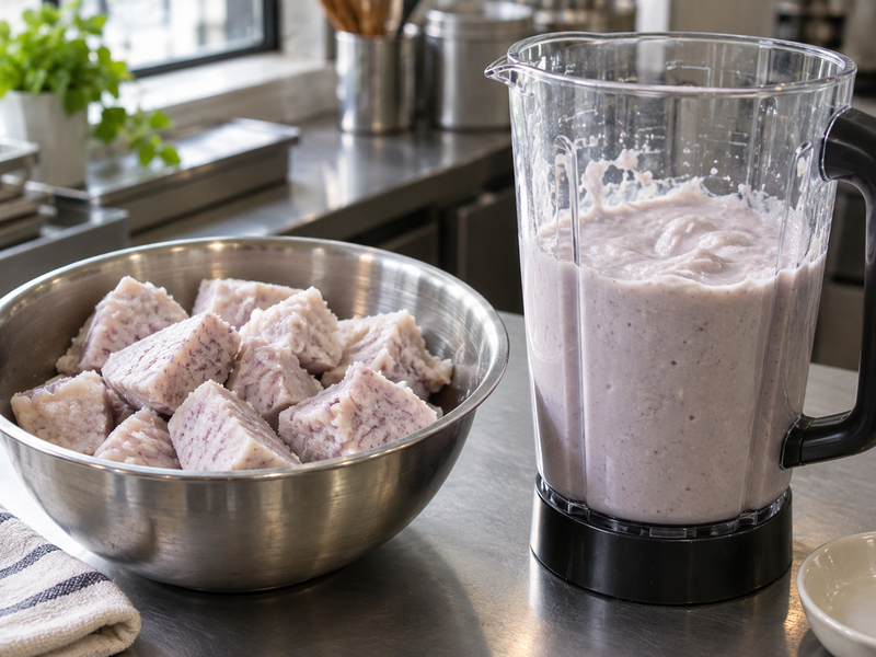 Cooked taro pieces and smooth taro base in a blender jar