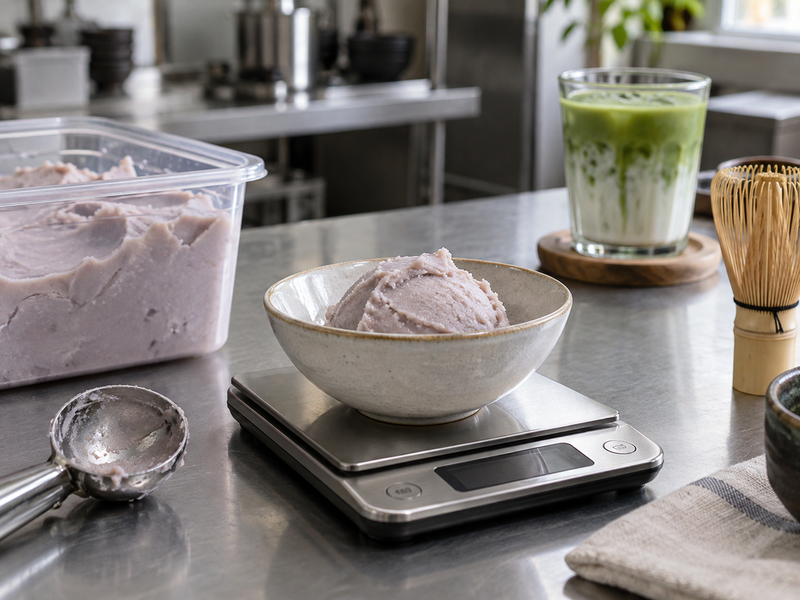 Taro base portion on a scale before assembling a matcha latte