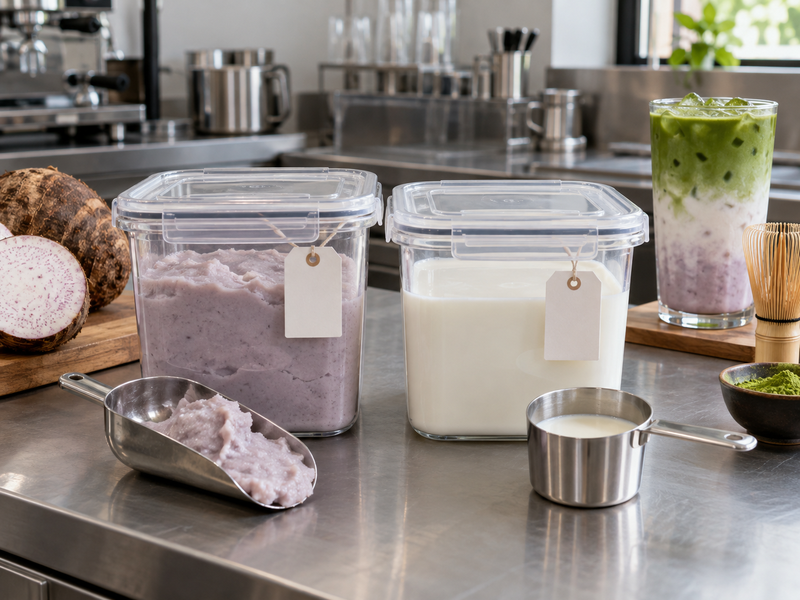 Covered taro base and milk containers at a taro matcha service station