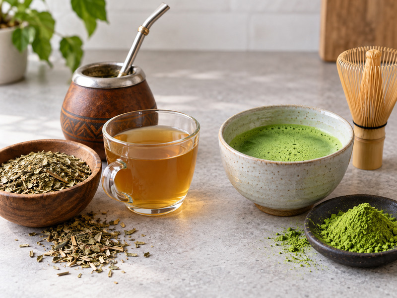 Yerba mate leaves and matcha powder prepared for comparison