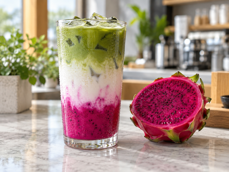 Dragon fruit matcha latte with a bright fruit base