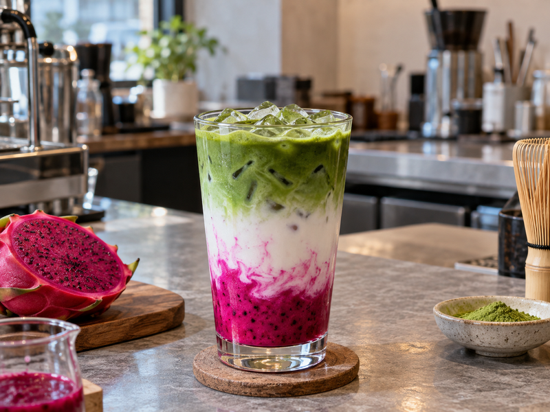 A layered dragon fruit matcha latte with a magenta fruit base and green tea top