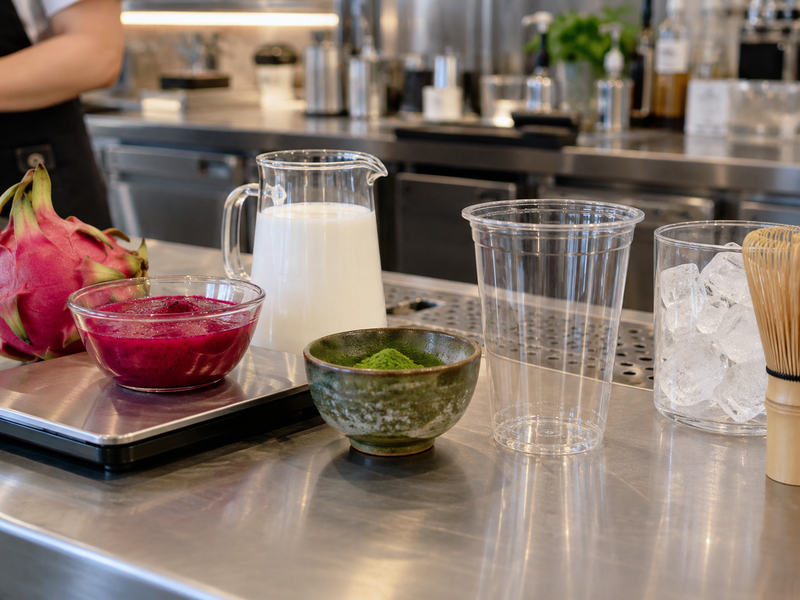 Measured dragon fruit puree, milk, matcha and ice arranged beside an empty cafe cup