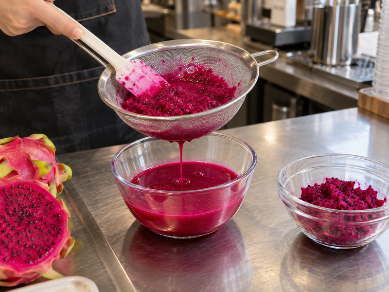 Red dragon fruit puree in a sieve beside a smooth strained portion and a pulpy portion