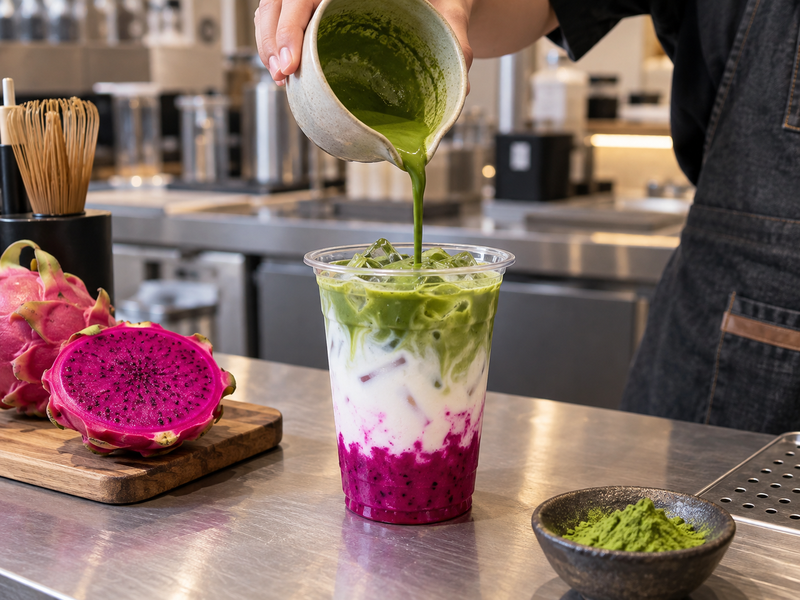 A barista pours green matcha gently over iced milk above a magenta dragon fruit base