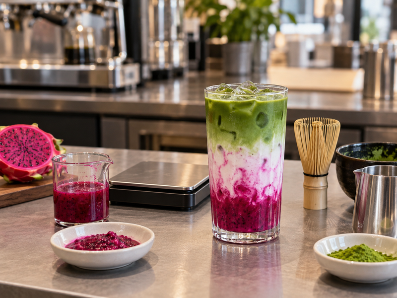 A finished dragon fruit matcha drink beside weighed fruit portions and cafe preparation tools