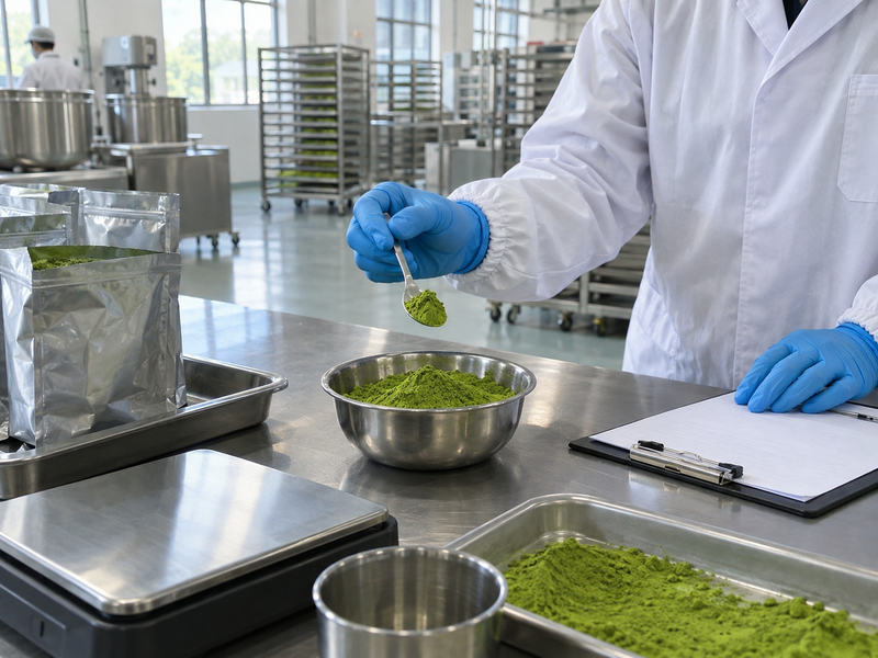Halal matcha buyer comparing sealed powder samples and product documents