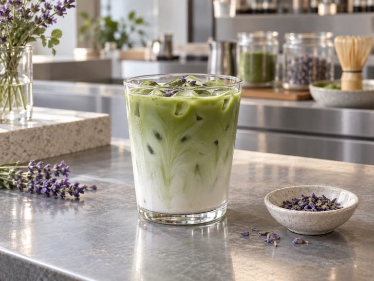 Iced lavender matcha latte with a restrained garnish of culinary lavender