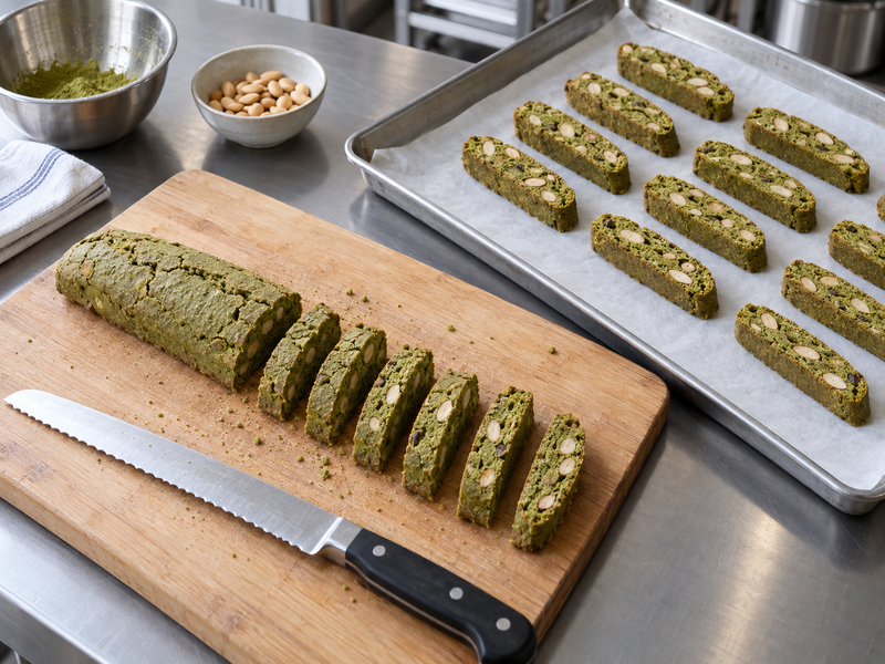 Matcha biscotti log sliced into even pieces for another bake