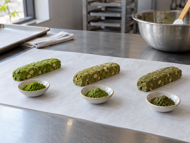 Small matcha biscotti dough trials with measured tea powder