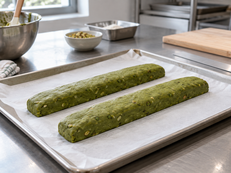 Evenly shaped matcha biscotti dough logs on a baking tray
