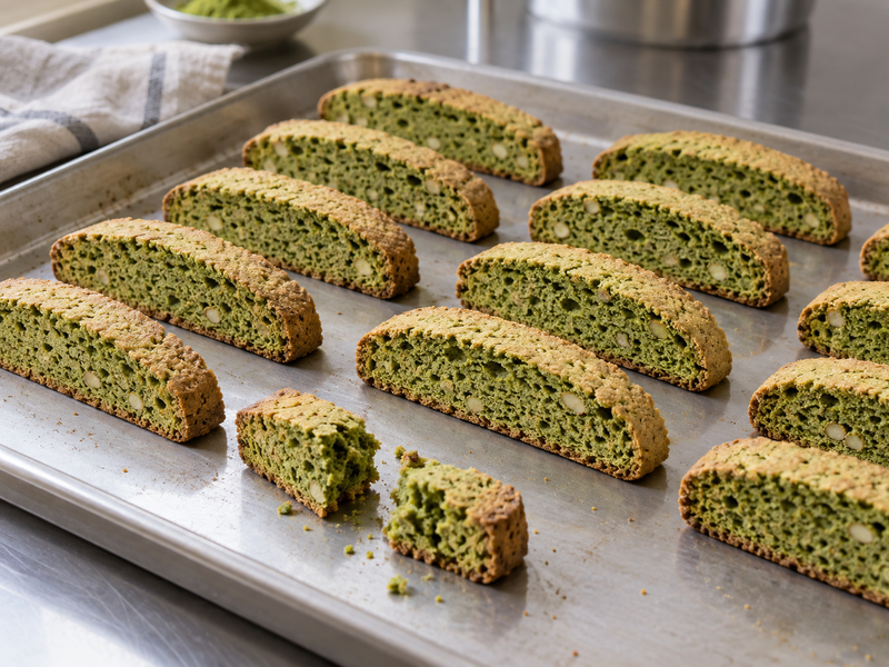 Matcha biscotti slices after the drying bake with a crisp broken sample