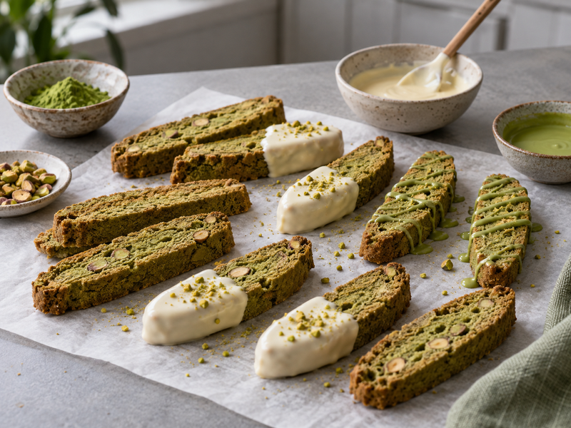 Plain, white-chocolate-dipped and lightly glazed matcha biscotti
