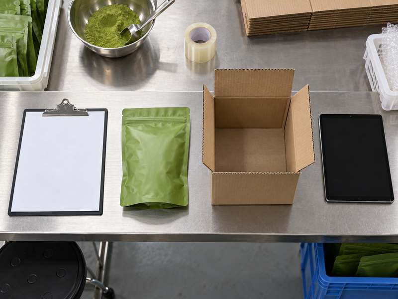 Matcha dropshipping supplier order transfer materials at a packing desk