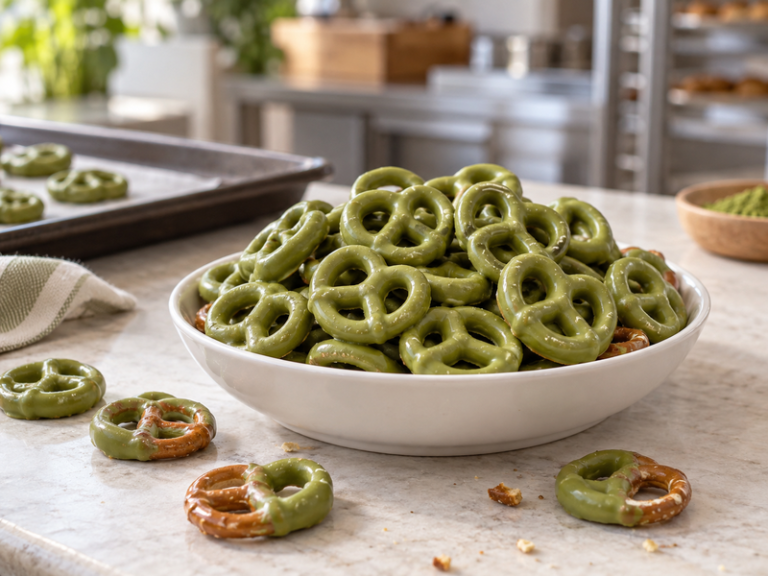 Fresh matcha pretzels presented in a cafe