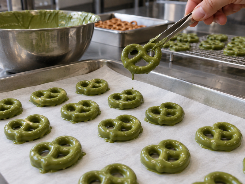 Matcha pretzels with even green chocolate coating and open twist shapes