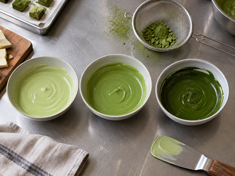 Small bowls of green chocolate coating prepared at three matcha trial levels