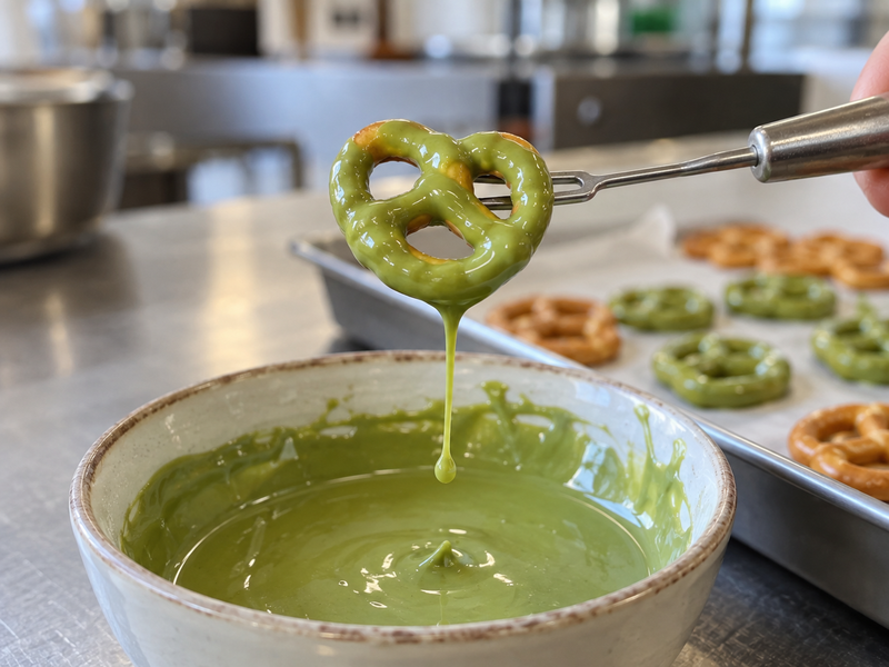 A dipping fork lifting a green-coated pretzel while excess coating drains