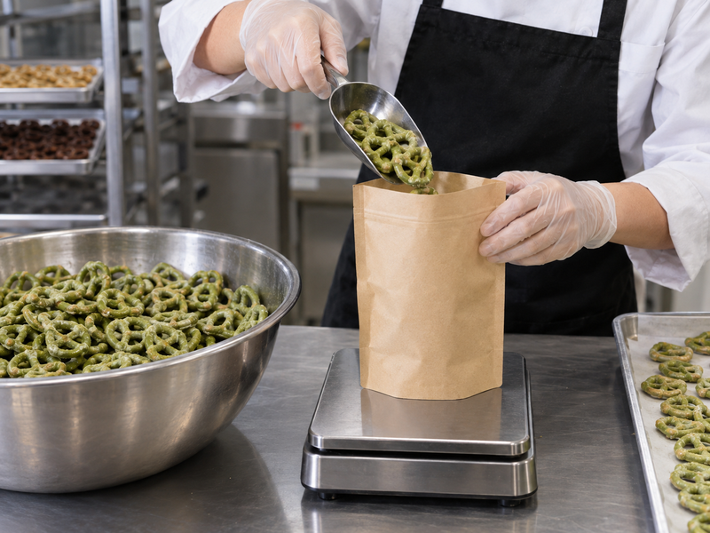 Green chocolate pretzels being weighed into a plain retail pouch