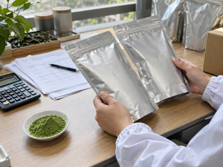 Buyer comparing matcha pouch sizes with quotation records
