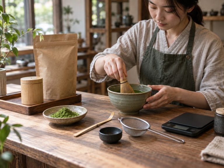 Matcha tea accessories including bamboo whisk, bowl, scoop, sifter and scale