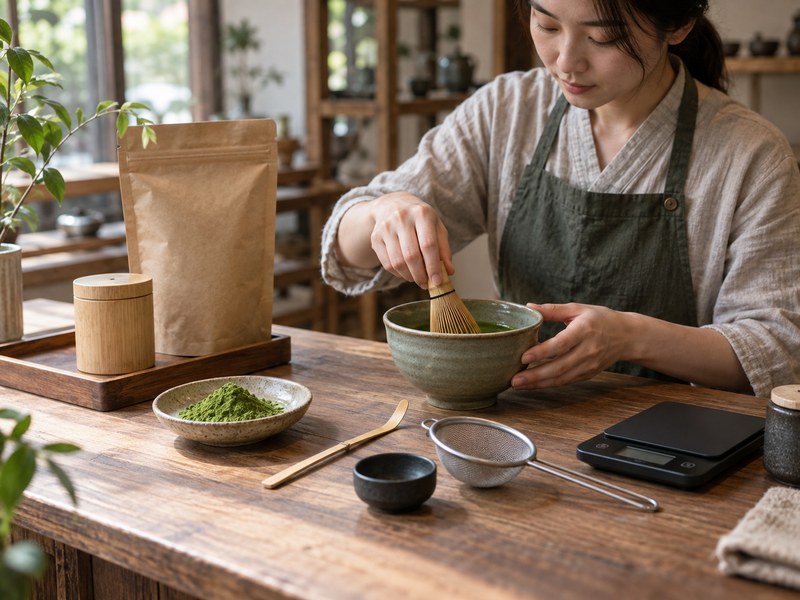 Matcha tea accessories including bamboo whisk, bowl, scoop, sifter and scale