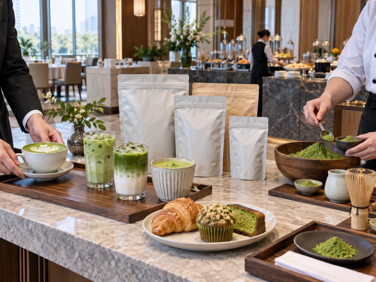 matcha wholesale for hotels: Wide Chinese hotel food-service demonstration room with lobby matcha drinks, breakfast pastry and plain bulk supplier pouches
