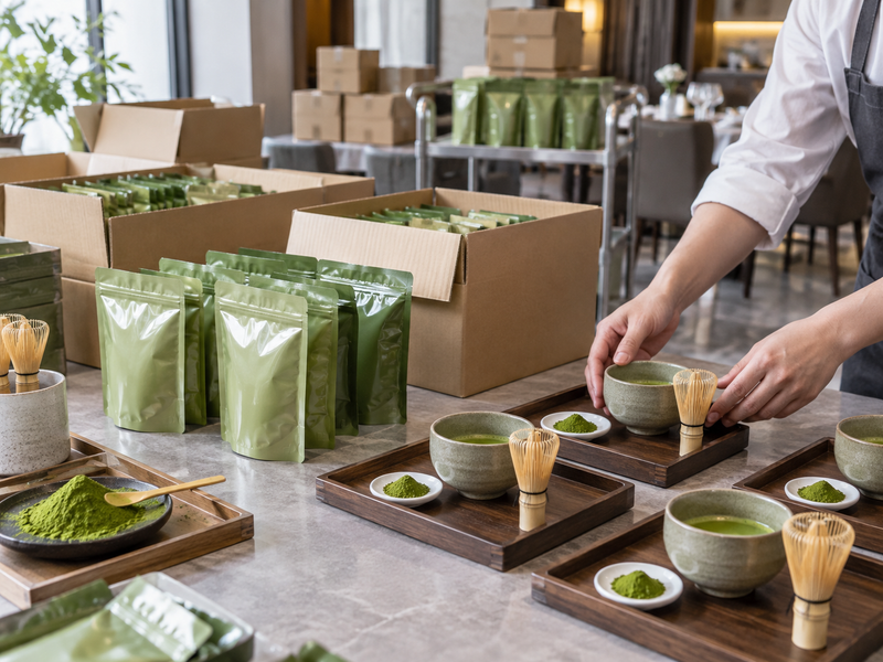 matcha wholesale for hotels: matcha cups and sealed packs arranged for separate hotel outlets