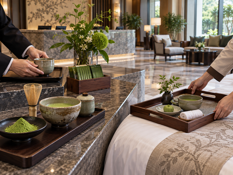 matcha wholesale for hotels: ceramic lobby service and room-service tray in a Chinese demonstration room