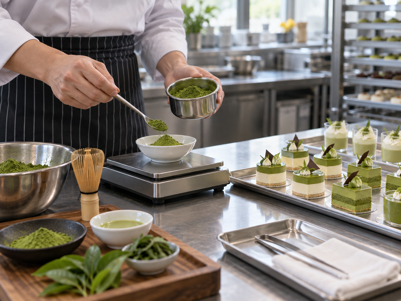 matcha wholesale for hotels: adult hands weighing matcha beside banquet dessert portions