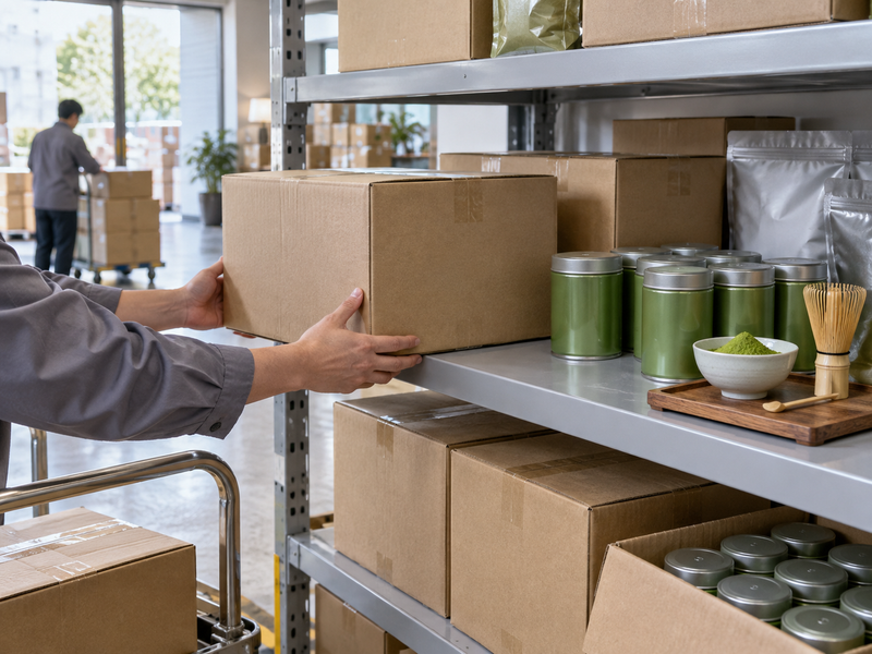 matcha wholesale for hotels: plain bulk cartons and daily-use tins on receiving shelves